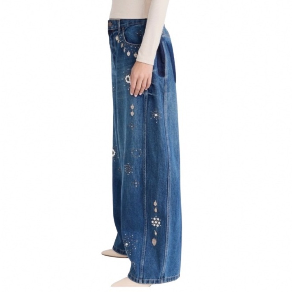 Sea New York Embellished Wide Leg Baggy Jeans Blue Medium Wash Women Size 10 - Picture 4 of 14
